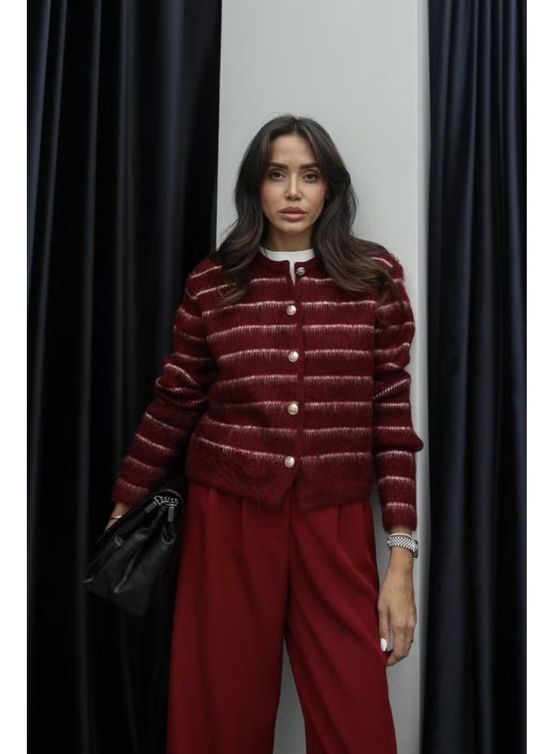 Claret Red Striped Cardigan - Image 1